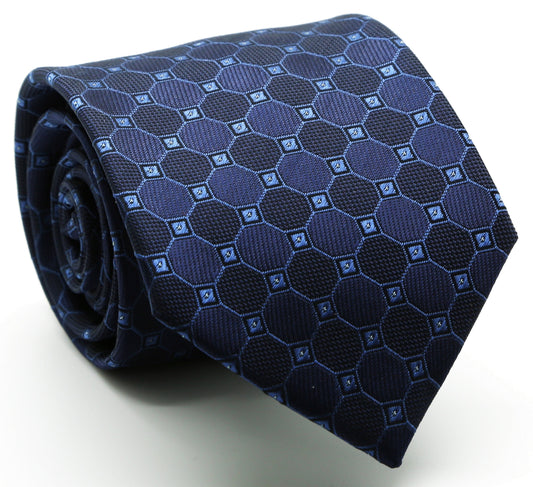 Classic Navy Geometric Pattern Business Casual Necktie & Hanky -0